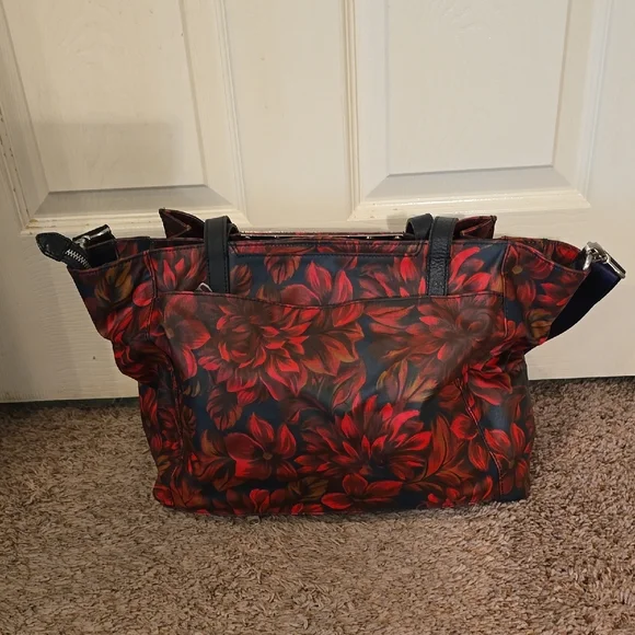 Patricia Nash Red and Black Floral Shoulder Bag with Navy Strap - Picture 2 of 15